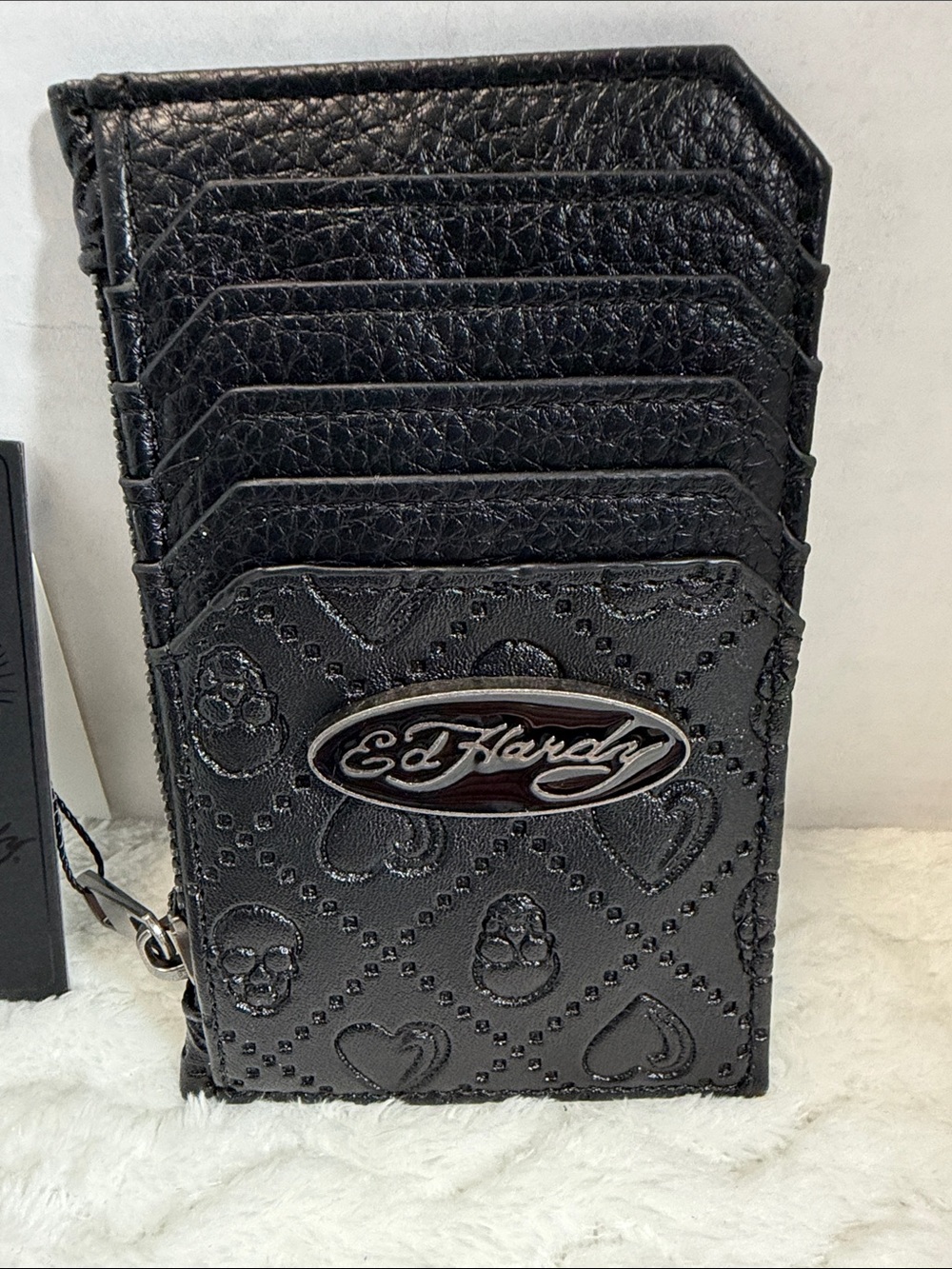 Ed Hardy Black Embossed Leather Cardholder with Logo Plate